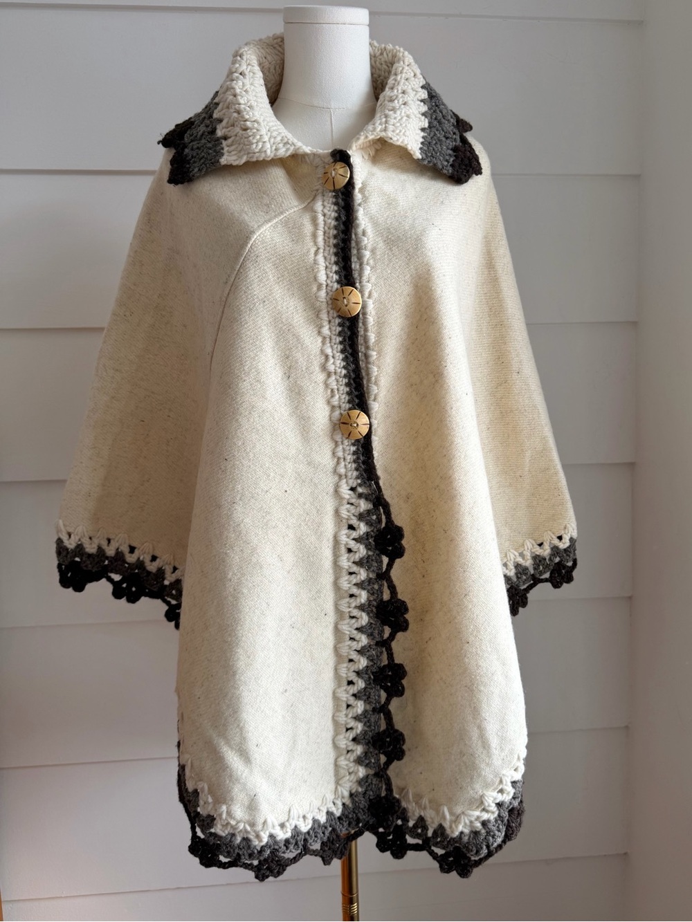 Vintage Wool Cape Poncho with Knit Trim